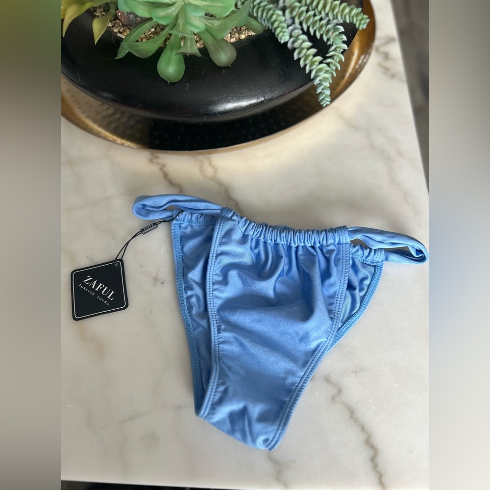 NWT ZAFUL Baby Blue Silky Thong Bikini Bottom – Low Waist, High Cut, Cheeky
